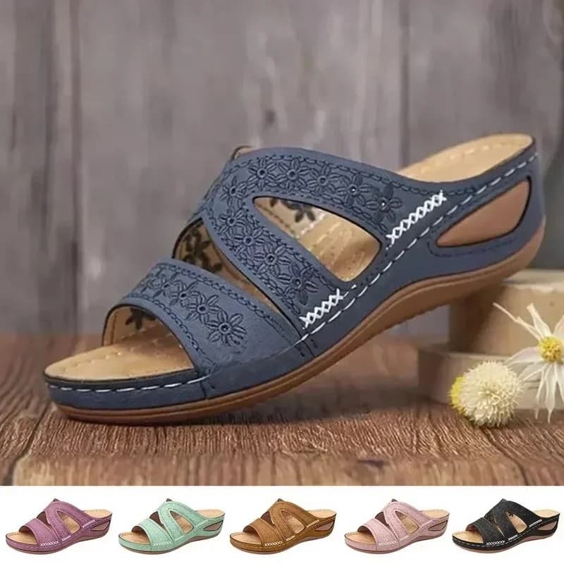 Sandales orthopédiques à talons compensés pour femmes, chaussures rétro à bout ouvert, Vintage, antidérapantes, en cuir, décontractées, à