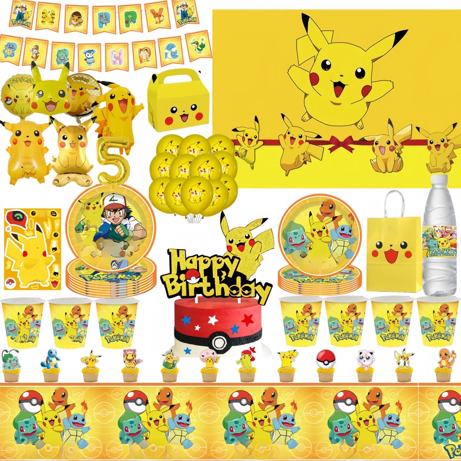 Décorations de fête d'anniversaire Pokemon Pikachu, autocollant DIY, vaisselle, assiette, nappe, réception-cadeau pour bébé, cadeaux pour