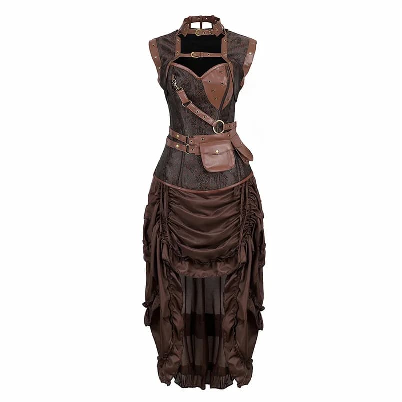 Costume de Pirate pour femmes, robe de Pirate, haut Corset en cuir Punk avec jupe à cordon de serrage, robe Corset Steampunk marron, grande taille