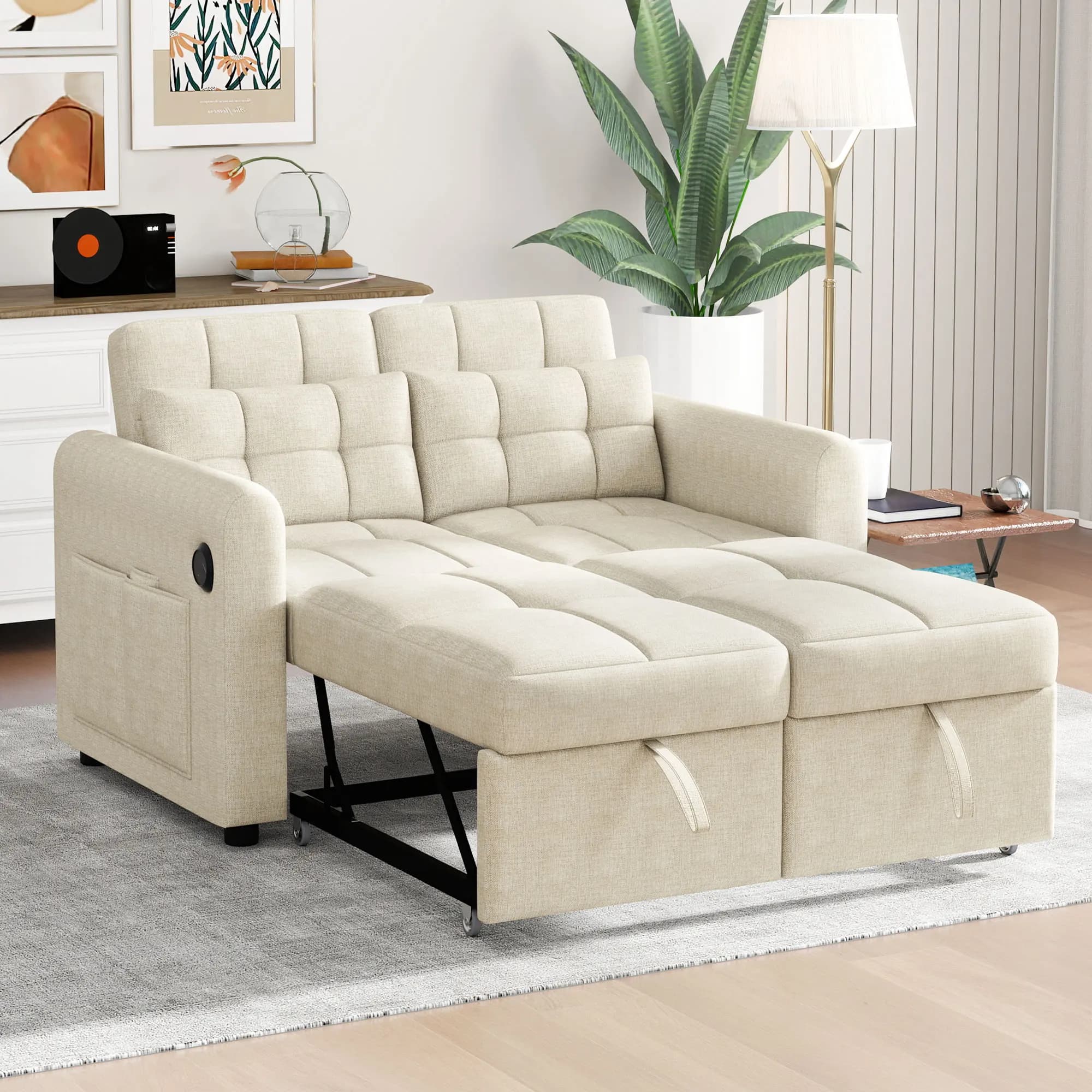Canapé deux places, canapé convertible 3-en-1 avec dossier réglable, port USB, poches sur les accoudoirs et coussins.