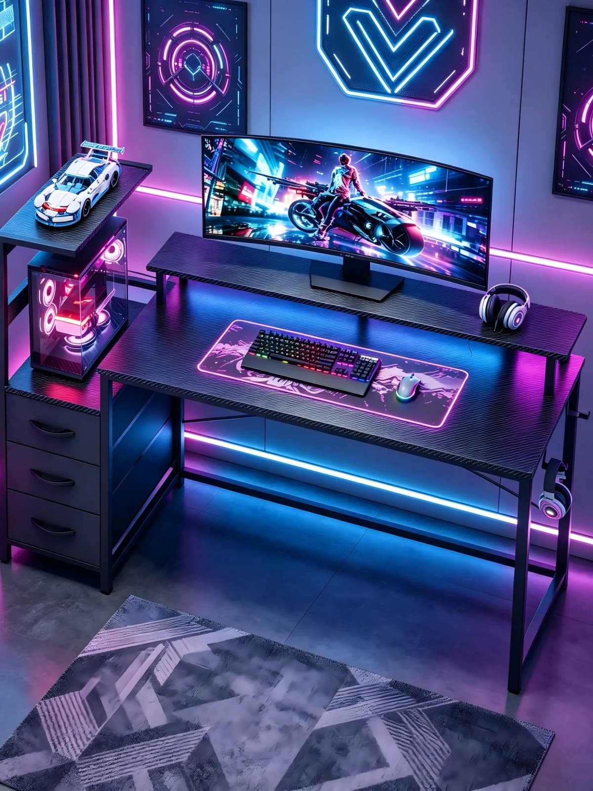 Bureau gaming avec étagère et tiroirs, bureau équipé d'éclairage LED, 2 prises de courant intégrées et 1 port USB, table d'ordinateur avec