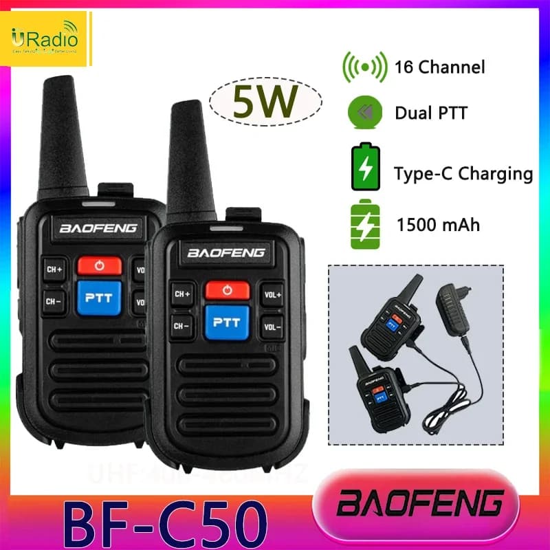 Baofeng BF-C50 Mini Walperforated Talkie UHF touristes PTT 5W Enfants Woki Toki Type-C Chargeur Enfant Interphone HF Transcsec 1500mAh Ham Radio