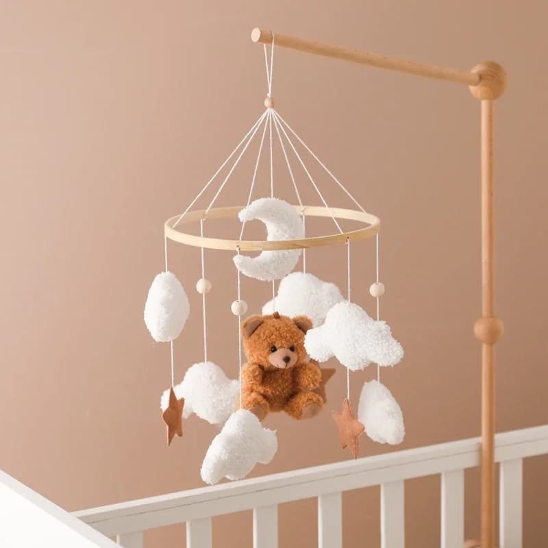 Lit de bébé Mobile en bois, hochet, jouet en feutre doux, ours de dessin animé, support Mobile, boîte à musique pour nouveau-né, cloche de lit,