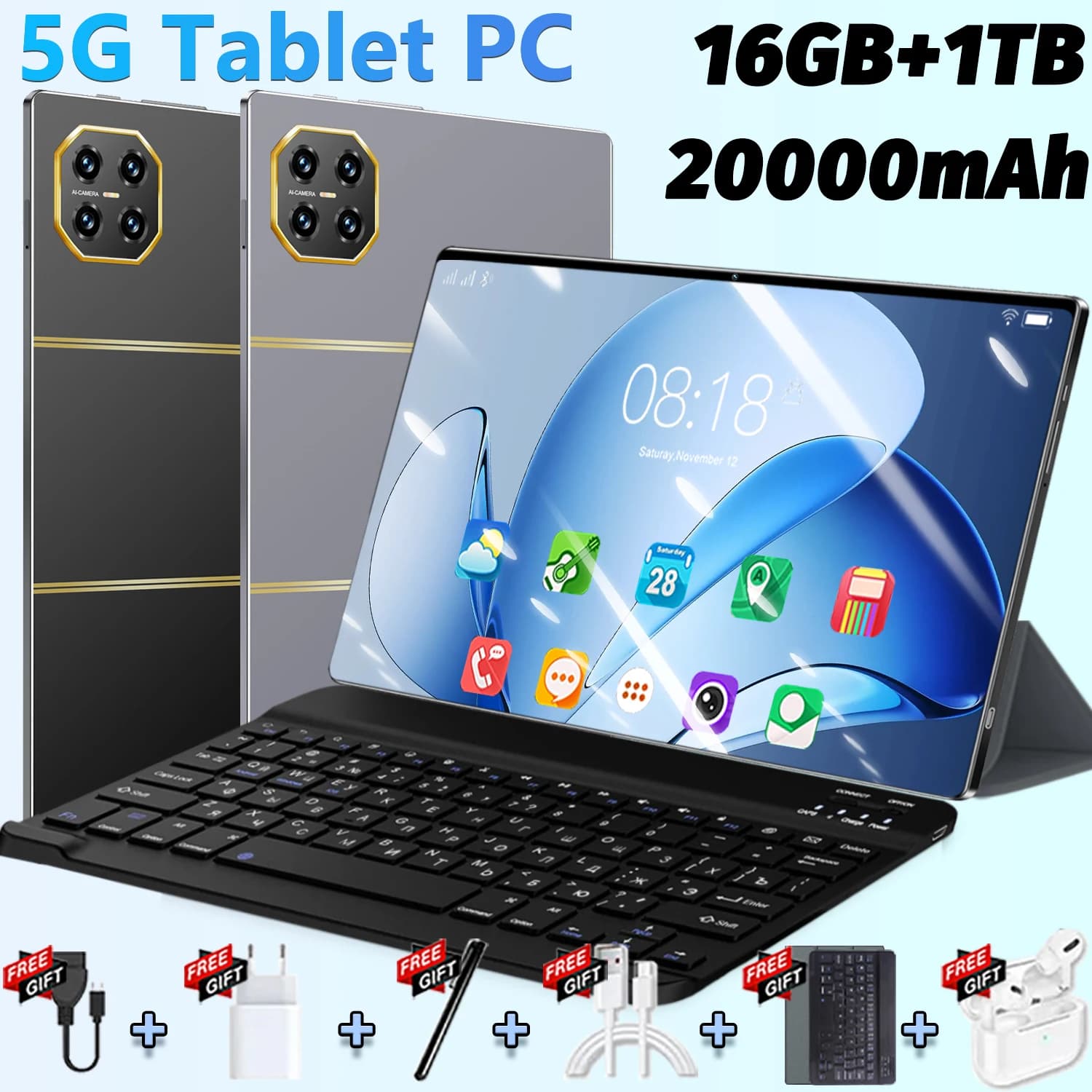 Tablette 5G 2026 Android 13.0 Neuve 10,36 pouces 16 Go RAM 1 To ROM 16MP 32MP 20000mAh 14 cœurs WIFI Bluetooth