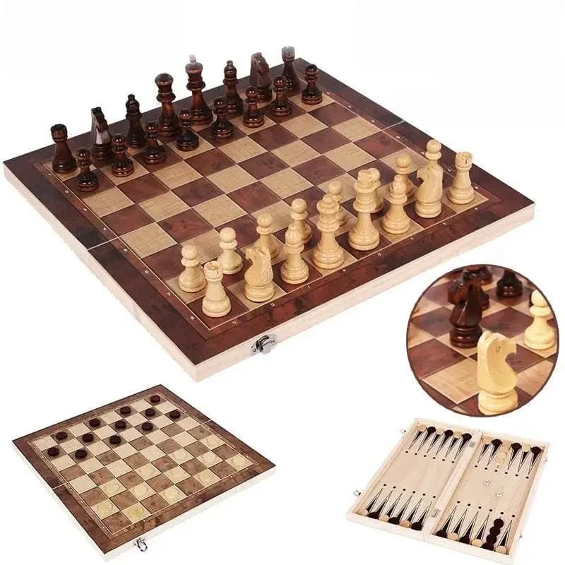 Échiquier 3 en 1, plateau de jeu d'échecs portable en bois pliant, échiquier en bois pour adultes (échecs + dames et backgammon)