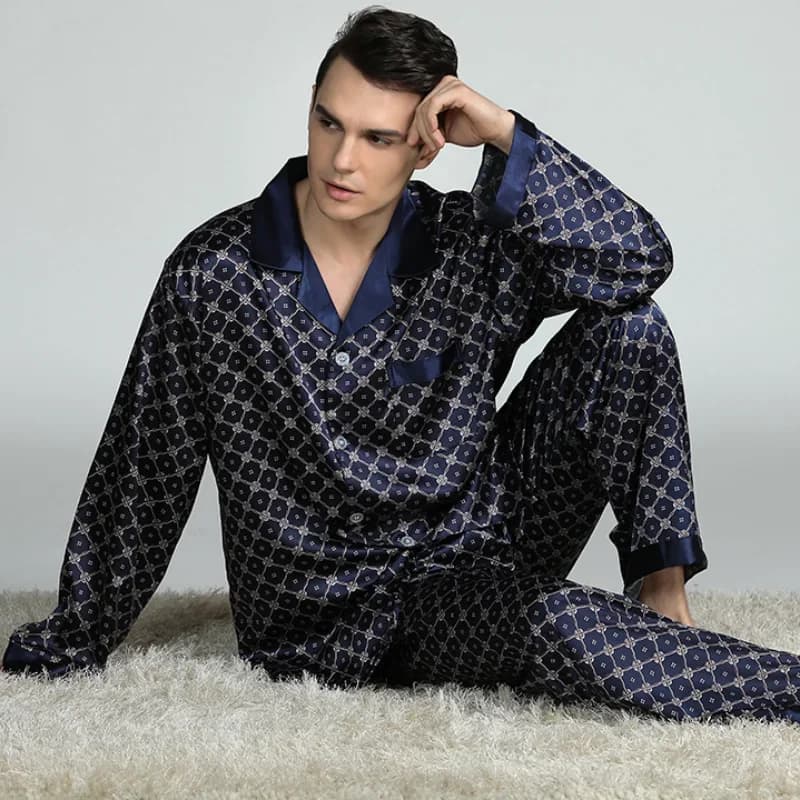 Pyjama 2 pièces pour hommes, grande taille, ensemble de vêtements de nuit, printemps-automne, manches longues, pantalon, ample, imprimé, soie,