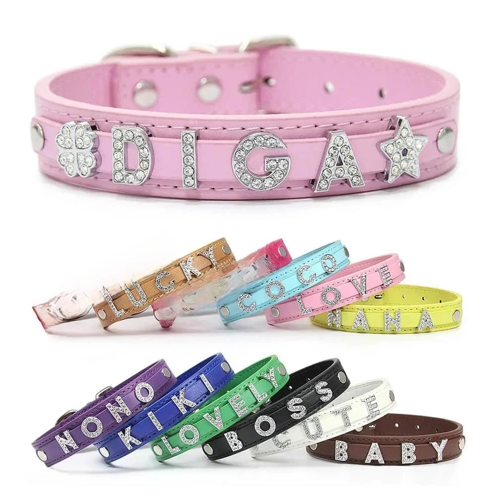 (Lettre de strass scintillante gratuite) collier de chien de chat de compagnie personnalisé colliers de chiot en cuir pour chiens de petite et