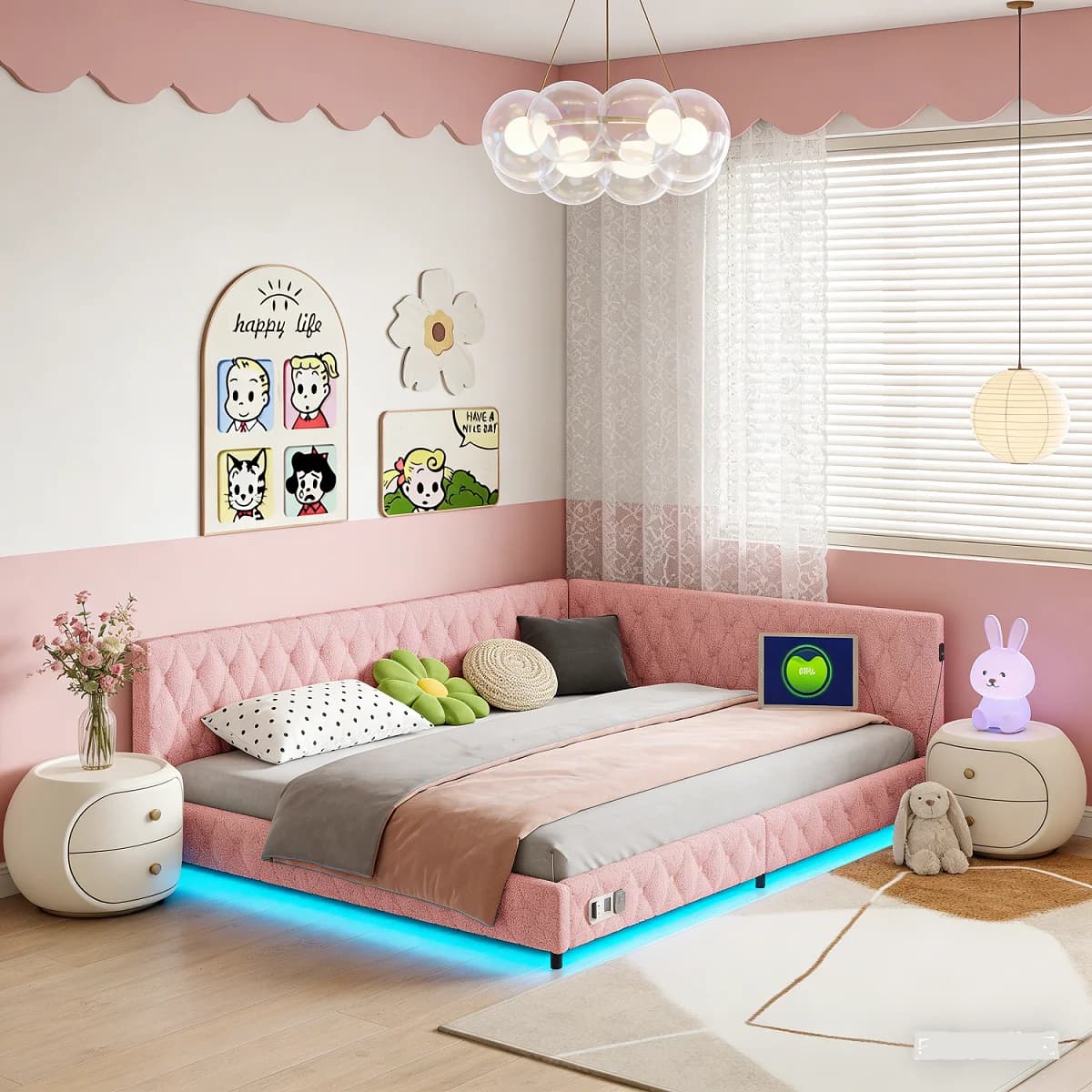 Canapé-lit rembourré 140x200 cm, lit double avec LED et USB, en forme de L, lit de jour,Lit Banquette 2 Places avec Dossier,Rose