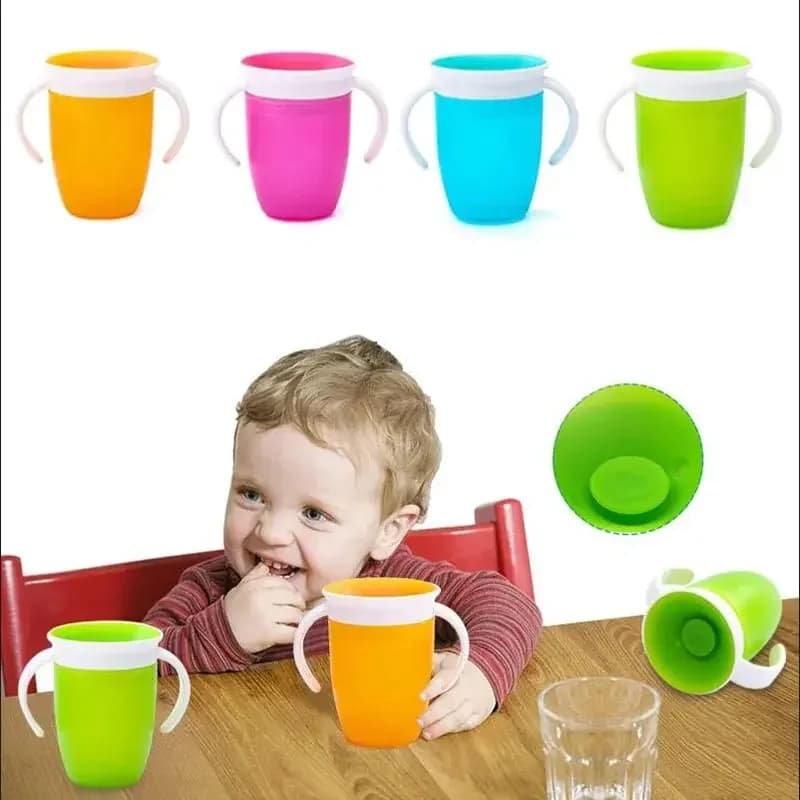 Gobelet d'apprentissage pour bébé avec couvercle rabattable à double poignée, rotatif à 360 degrés, étanche, bouteille pour nourrissons