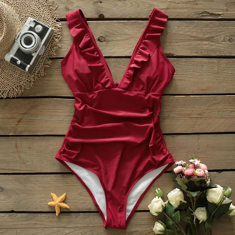 SPORLIKE crise cardiaque Falbala maillot de bain une pièce femmes à volants col en v Monokini 2024 nouvelles filles plage maillot de bain maillots
