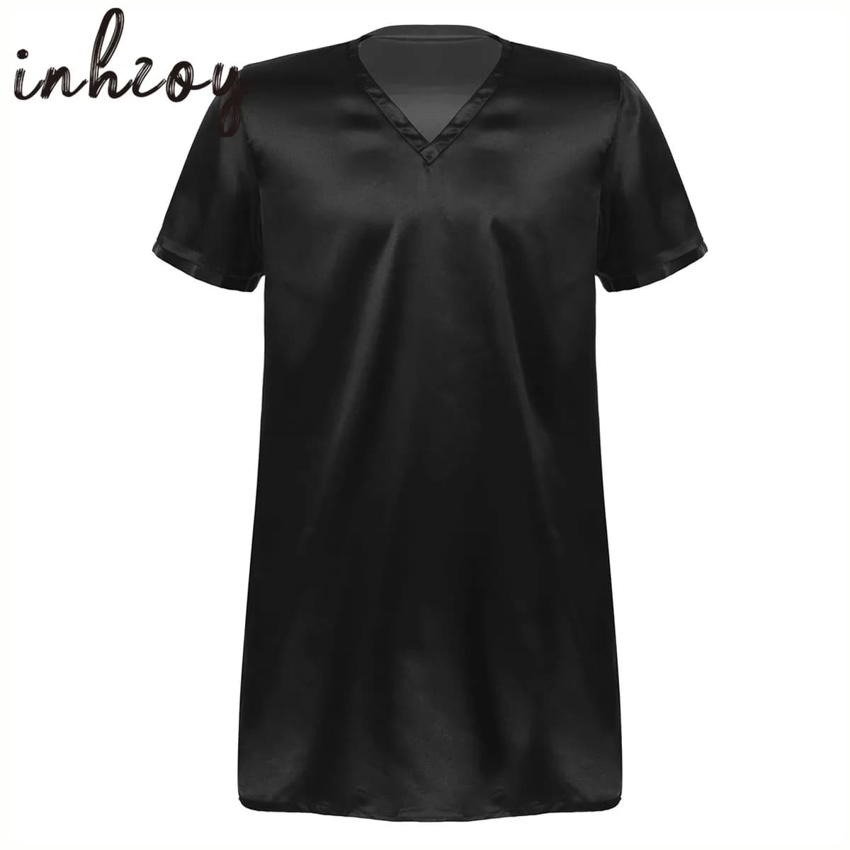 Pyjama en Satin pour hommes, chemises de nuit pour adultes, été, doux, couleur unie, col en V, manches courtes, vêtements de nuit décontractés