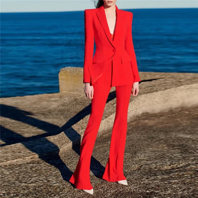 Ensemble de costume Blazer de styliste pour femmes, haute qualité, nouvelle mode, bouton unique, rouge, pantalon évasé, 2024