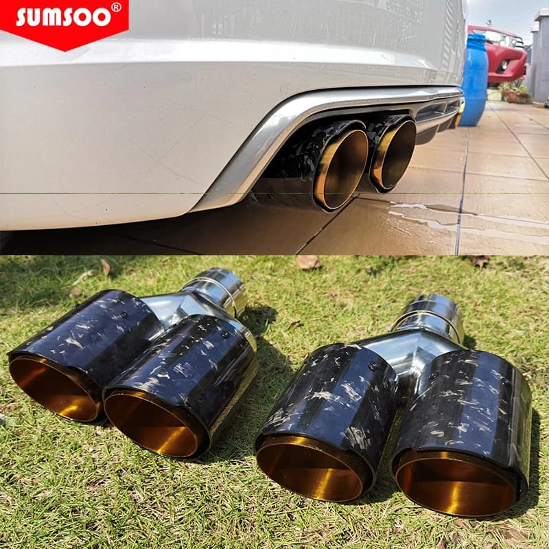 Véritable SUMSOO1PCS double fibre de carbone forgée + pointe d'échappement de voiture en acier inoxydable chromé doré silencieux de Modification
