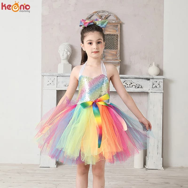Robe tutu de princesse à paillettes arc-en-ciel pour filles, robes en tulle pour enfants, mariage, fête d'anniversaire, reconstitution historique,