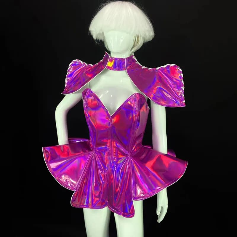 Mini robe à armure Rose Laser à paillettes pour femmes, tenue de scène Punk, Costume de jeu de rôle de la technologie Future pour chanteur et