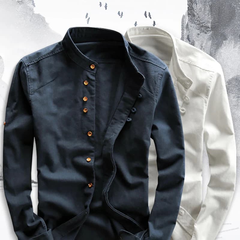 Chemise en lin de coton à manches longues pour hommes, style chinois rétro formel, chemises décontractées à col mandarin, vêtements de confort