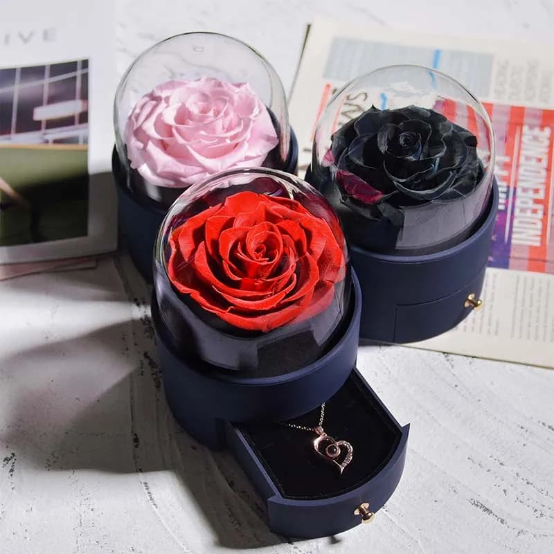 Boîte à bijoux rose éternelle pour filles et femmes, étui de rangement pour bague fleur, collier, amour éternel, cadeau d'anniversaire des