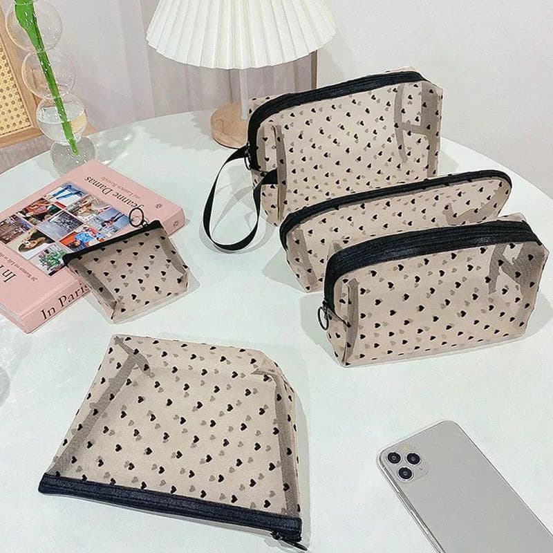 Sac de maquillage en maille transparente en forme de cœur, pochette de rangement multifonction portable pour femmes, pochette de toilette pour dames,