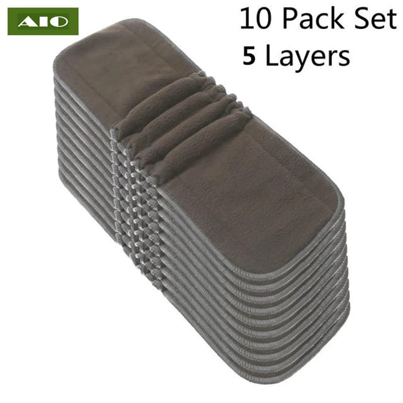 AIO-Couches Réutilisables en Bambou pour Bébé, Doux, 5 Couches, Inserts au Charbon de Bambou, Couches Lavables à Haute Absorption, 10 Pièces