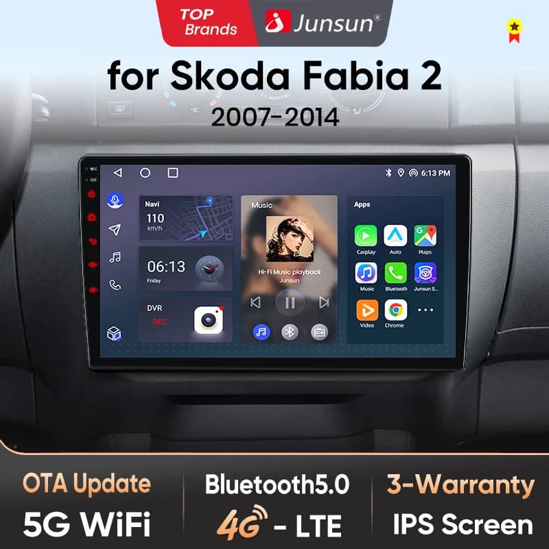 Autoradio Junsun AI 4G LTE sans fil CarPlay Android Auto pour Skoda Fabia 2 2007 2008 2009 2010 2011-2014 GPS Navi BT DSP RDS FM