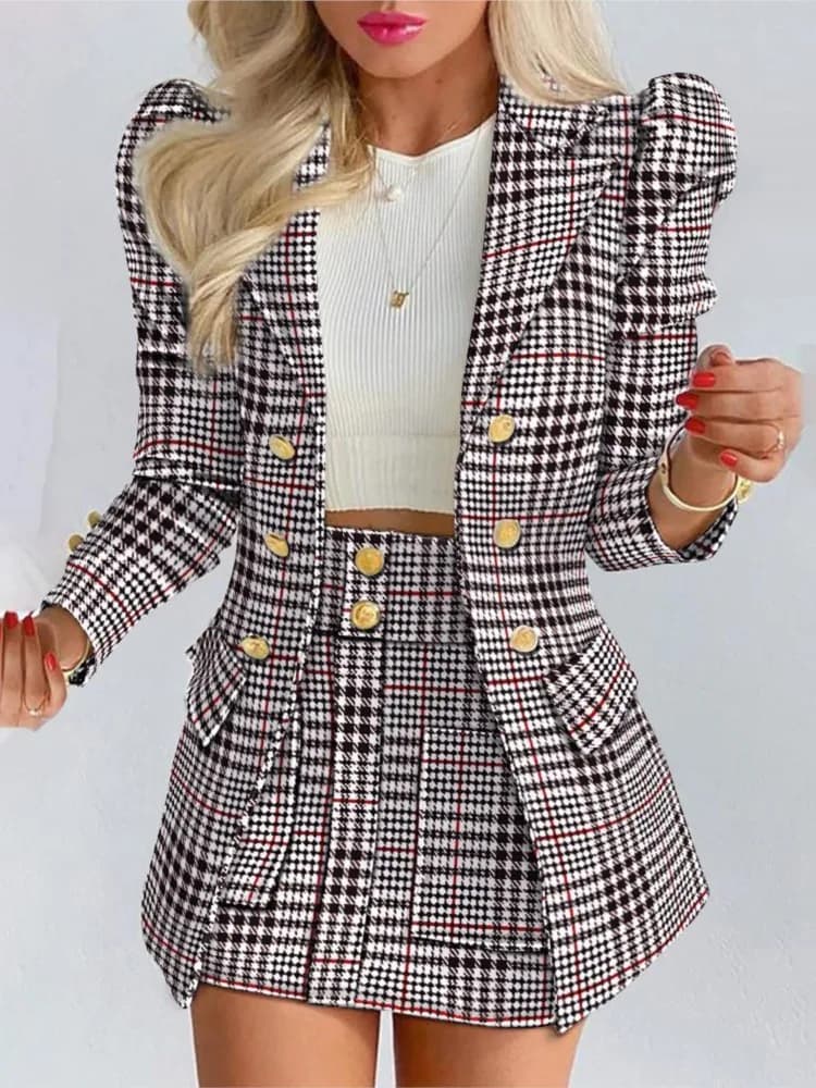 Veste imprimée à carreaux avec Mini jupe pour femmes, ensemble deux pièces, manches longues, boutons ouverts, manteau et jupes courtes, costume