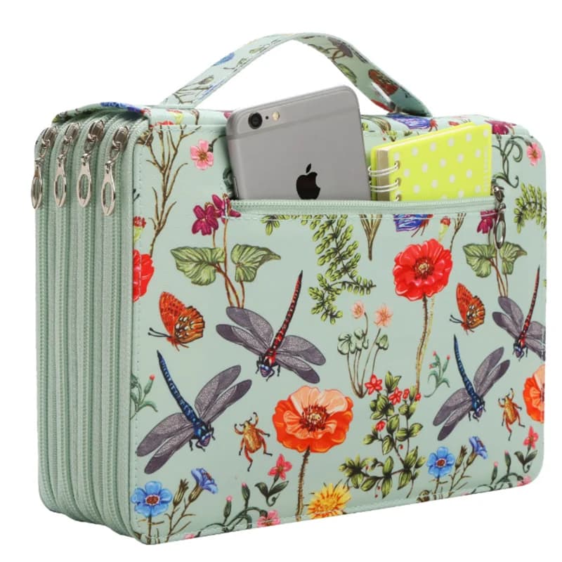 Étui à crayons coloré motif libellule et fleurs – Conception à 200/250/300 trous, sac de rangement en tissu durable, adapté pour crayons,