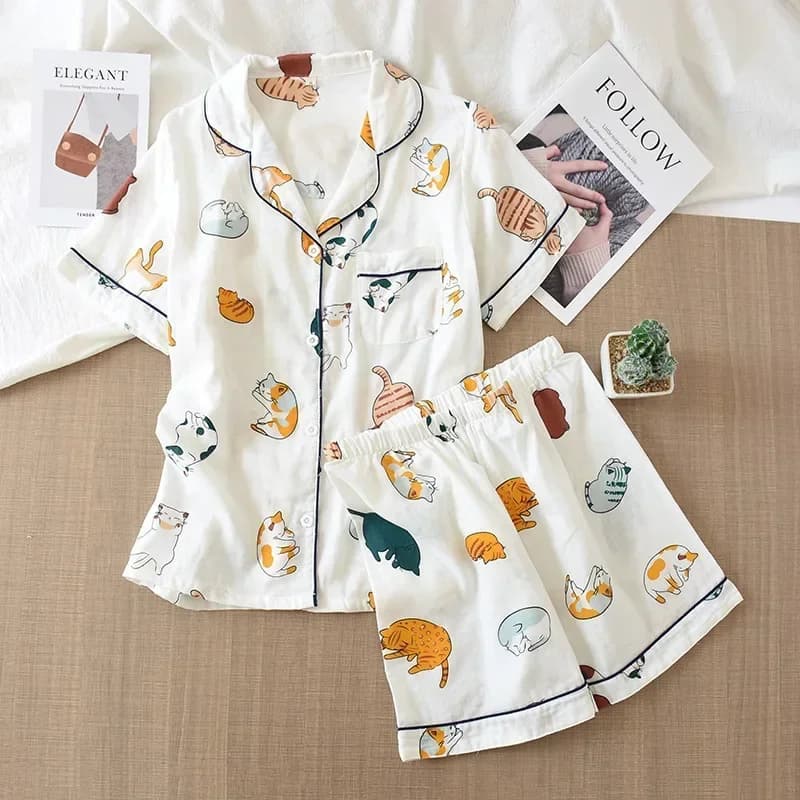 Pyjama d'été japonais pour femmes, deux pièces, gaze 100% coton, Short fin à manches courtes, chat mignon, dessin animé, ensemble de Service à