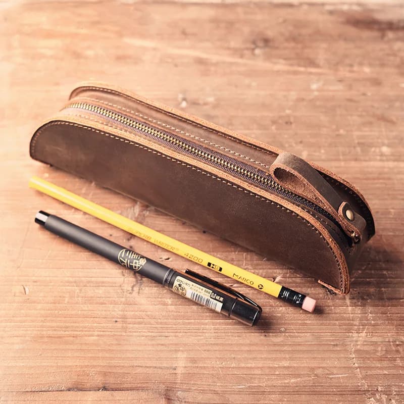 Trousse à crayons en cuir vintage faite à la main avec fermeture éclair, porte-stylo étudiant, sac à poudres, boîte à lunettes de bureau,