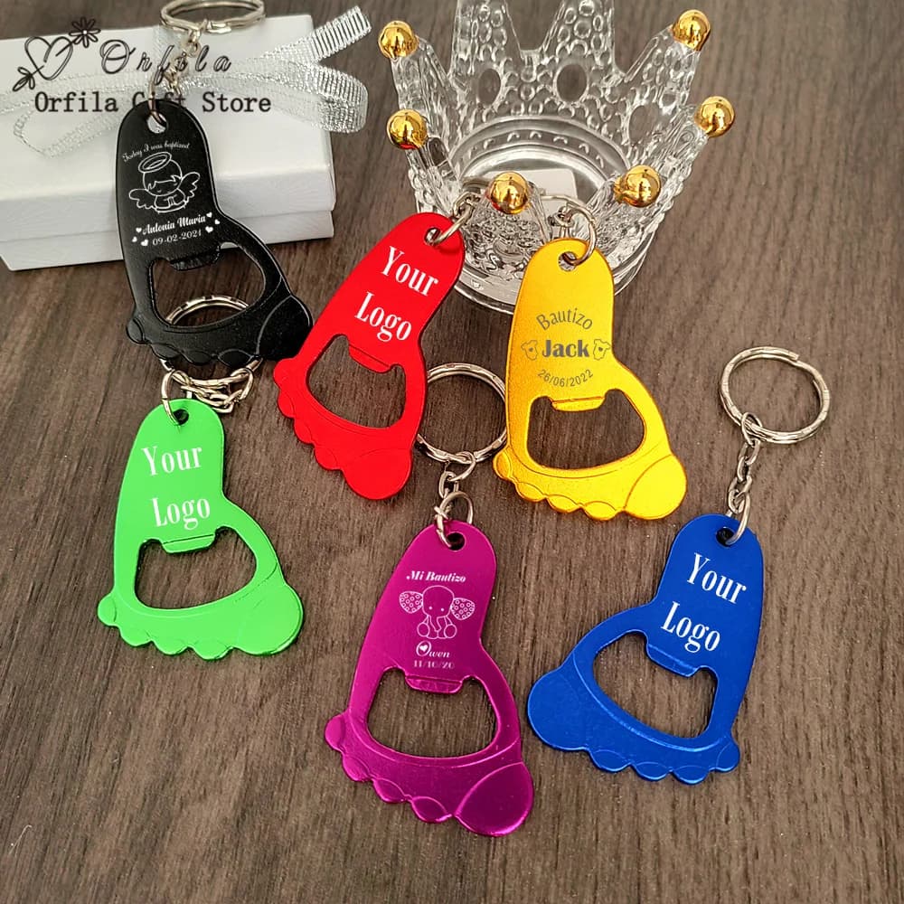 10/20/50pcs Porte-clés personnalisé en forme de pied de bébé, ouvre-bouteille, cadeau souvenir pour révélation du sexe, baby shower, baptême