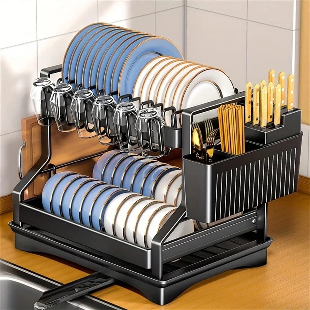 Égouttoir à vaisselle double couche compact avec porte-baguettes et bec verseur