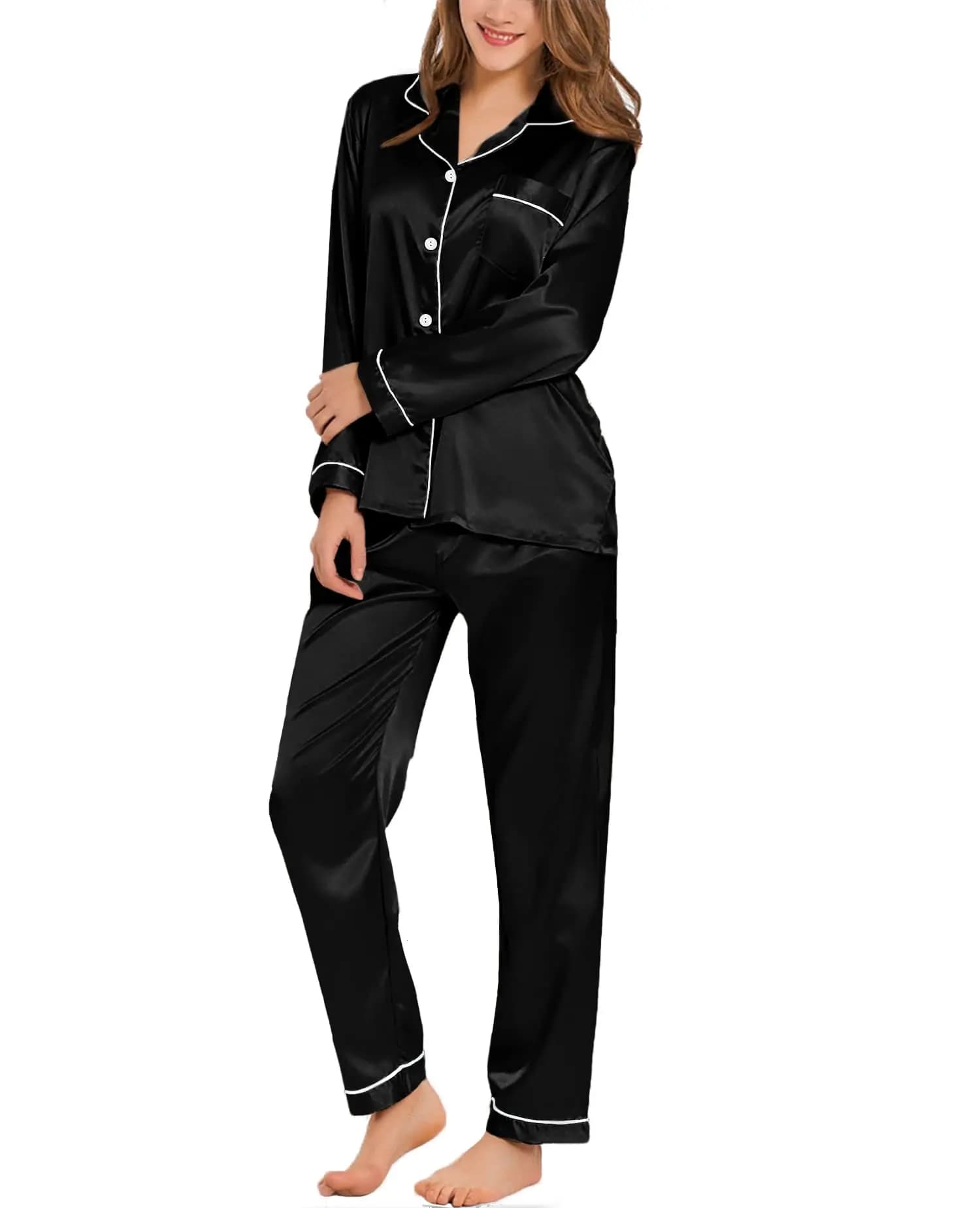 Pyjama en Satin de soie pour femmes, vêtements de nuit deux pièces, boutonné, manches longues, ensemble de pyjama Long