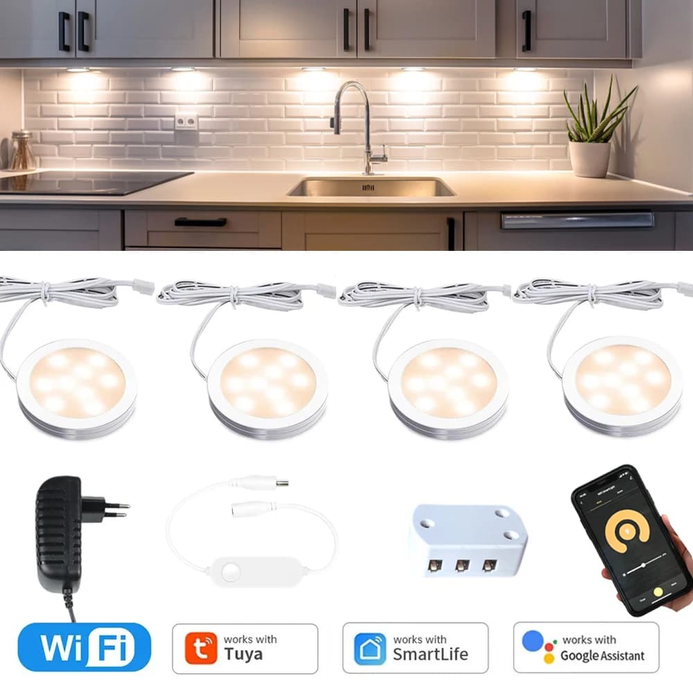 Lot de 3, 4, 6 ou 9 lampes LED rondes Tuya WiFi à intensité variable pour sous-meuble, placard, cuisine, armoire, vitrine, compatibles Alexa et