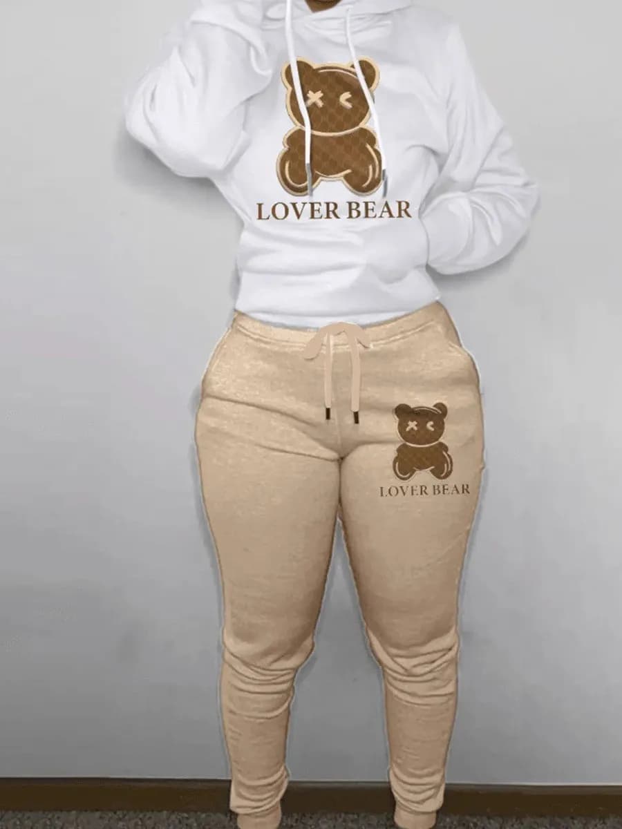 Ensemble pull à capuche + pantalon en laine pour femme, ample et à la mode, grande taille, imprimé ours de dessin animé, automne et hiver