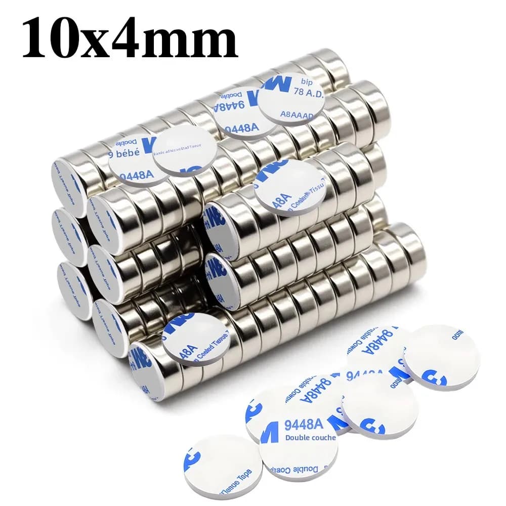 Aimant rond en néodyme Super fort N35 10x4mm, avec adhésif double face NdfeB, aimants permanents puissants pour réfrigérateur imans
