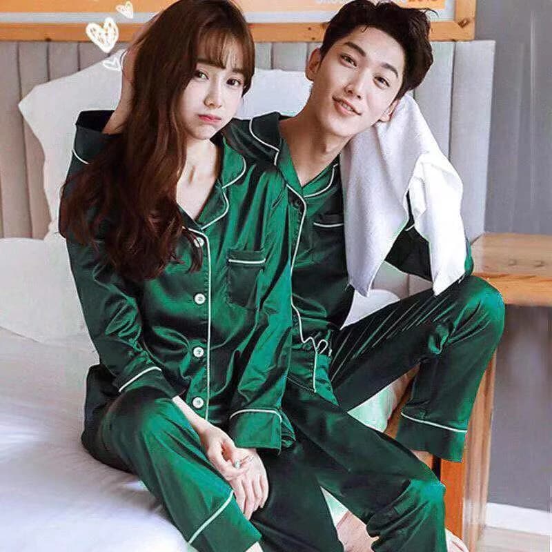 Vêtements de nuit Couple soie Satin couleur unie pyjama ensembles Long boutonné Pijama grande taille maison vêtements Pyjamas femmes hommes