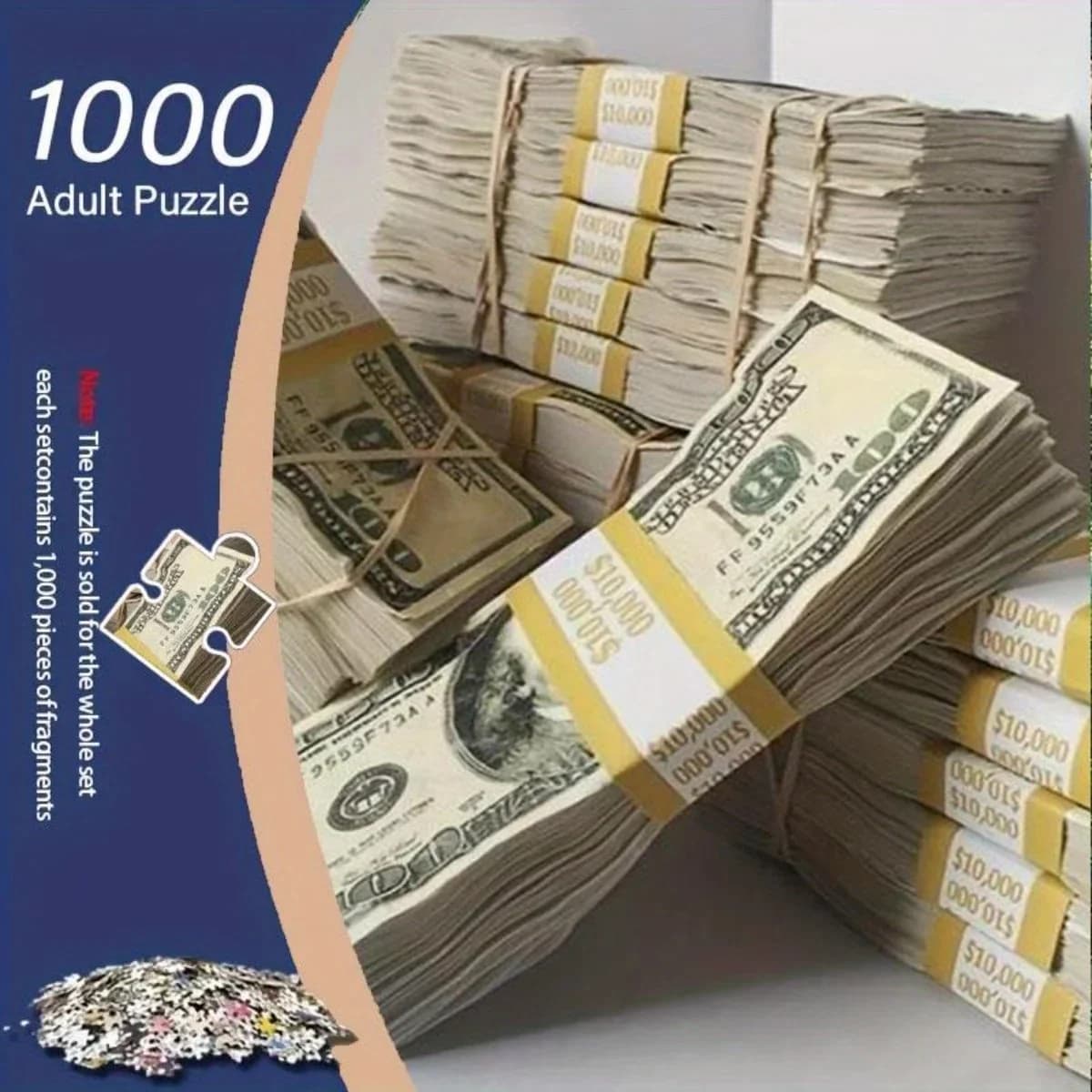Puzzle 1 000 pièces – Billets de dollars américains réalistes empilés avec chiffres de série dorés, puzzle d'argent complexe pour adultes –