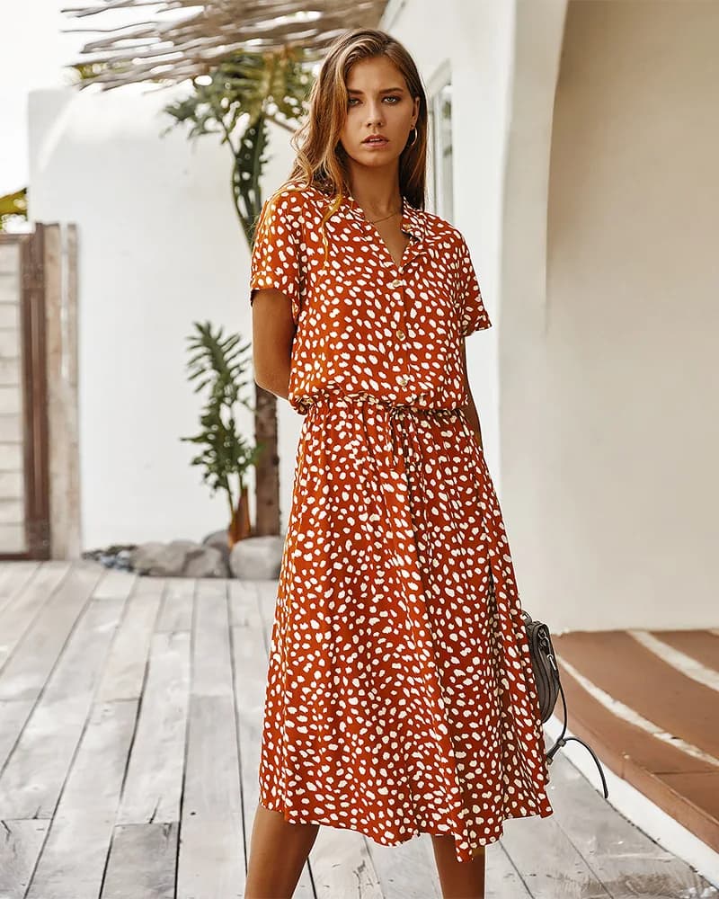 Robe longue à imprimé Floral pour femmes, style Boho, manches courtes, col rabattu, décontractée, ceinture, chemise, été, 2021