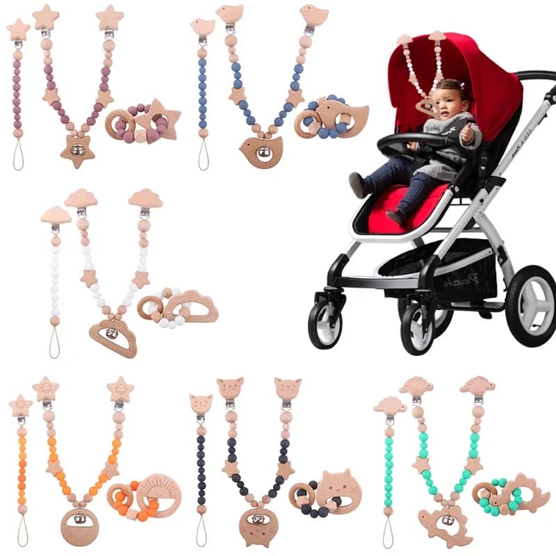 Pince à poussette pour bébé, jouets suspendus, motif de dessin animé, chaîne de sucette pour enfants, perles en Silicone, ensemble de dentition,