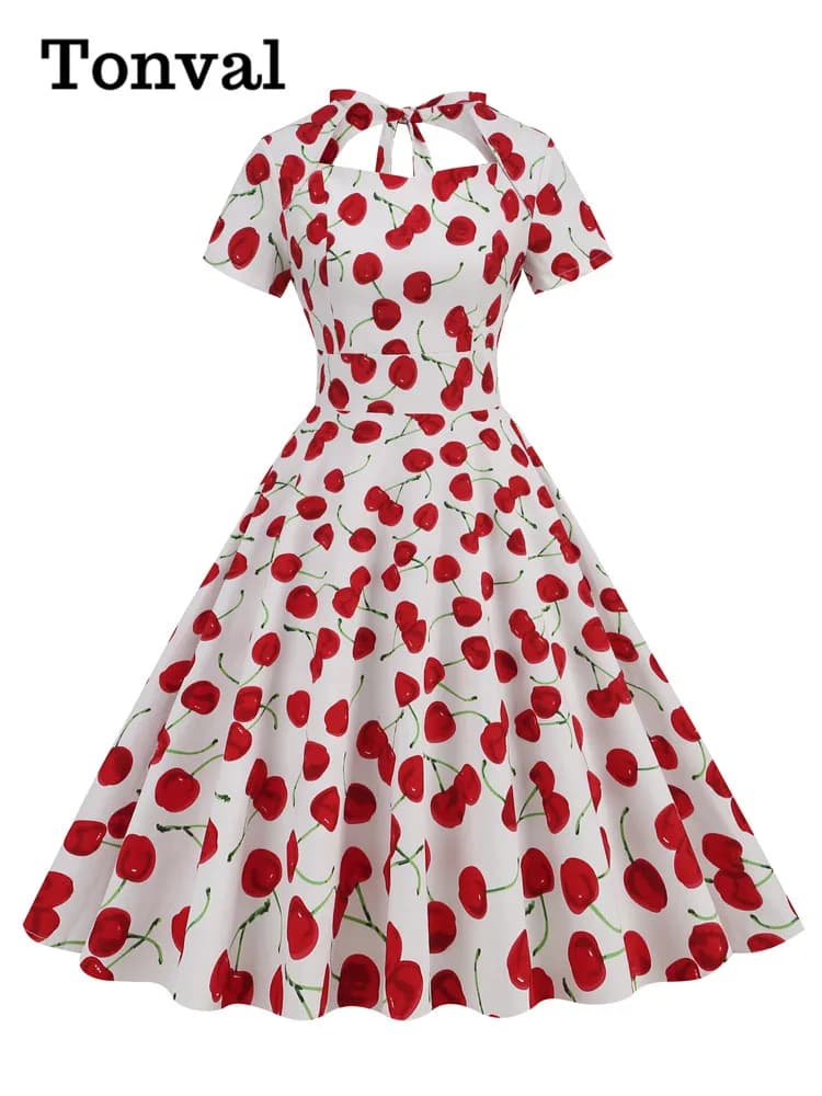Tonval-Robe mi-longue en coton à manches courtes pour femmes, col en cœur, taille haute, aucun vintage des années 50, dos nu, robes Rockabilly