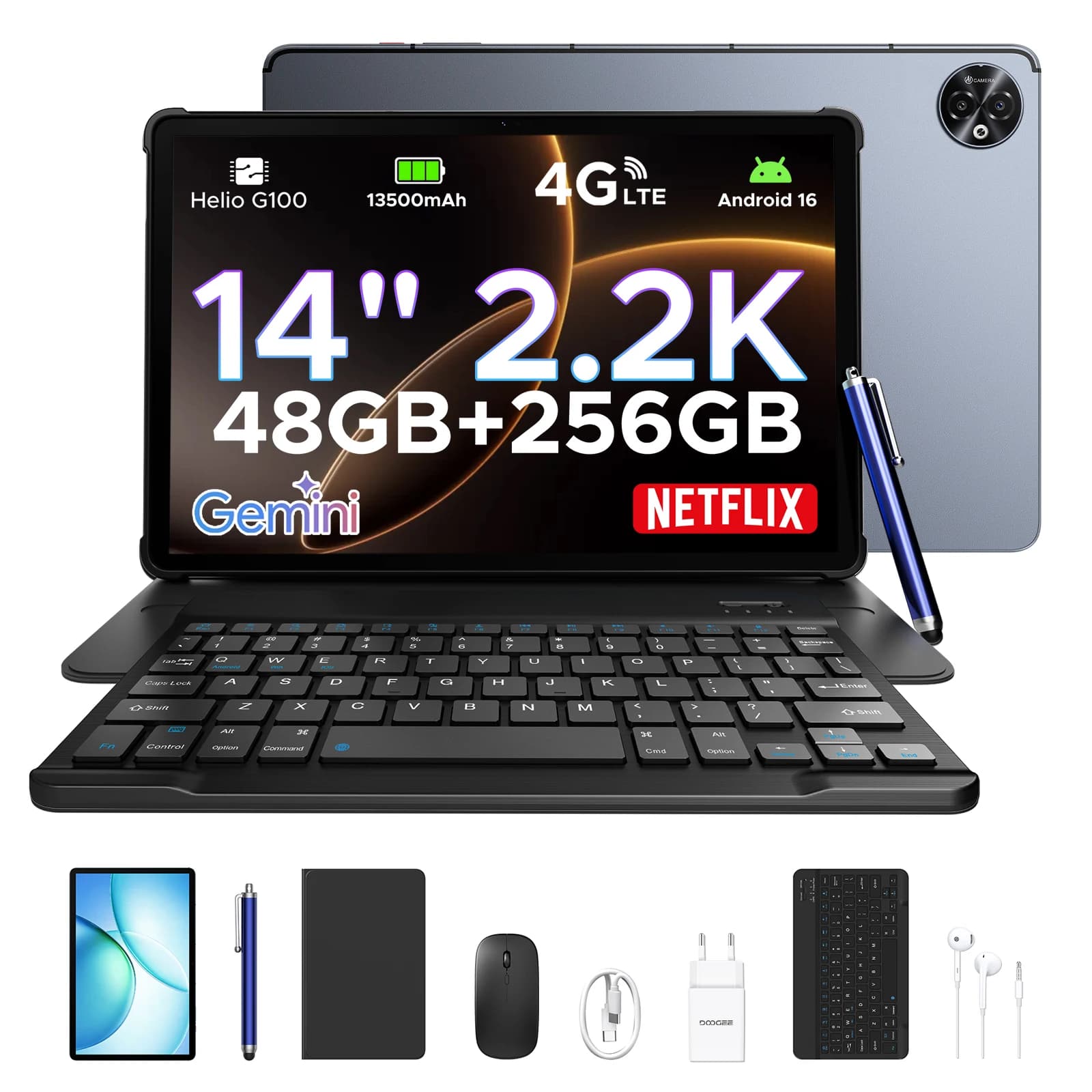 DOOGEE Android 16 Tablette PC 2 en 1 Tab E3 Max Gmini AI 14" Écran 2.2K Batterie 13500mAh 48Go(8+40) 256 Go Helio G100 AI Tablet