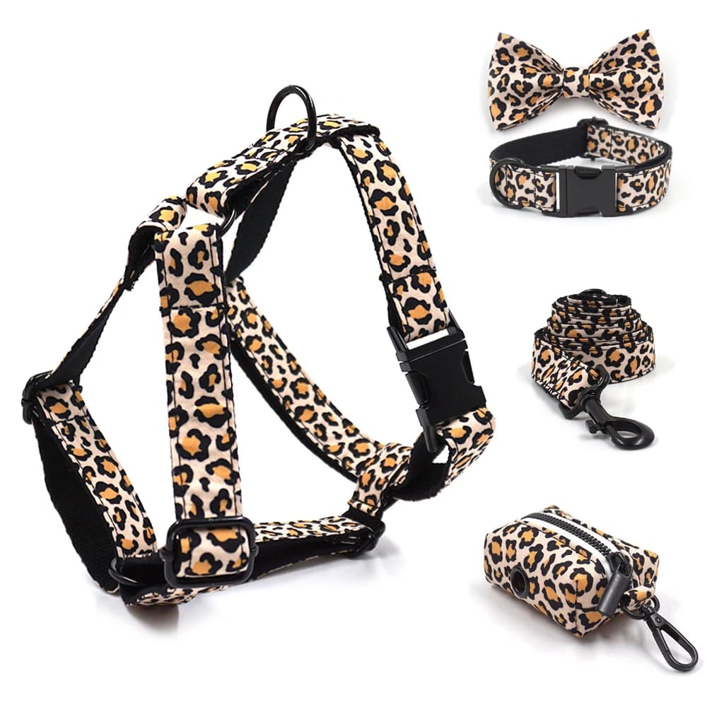 Harnais pour chien léopard marron pour chiens garçon, ensemble collier et laisse pour animaux de compagnie avec gravure personnalisée, sac à merde