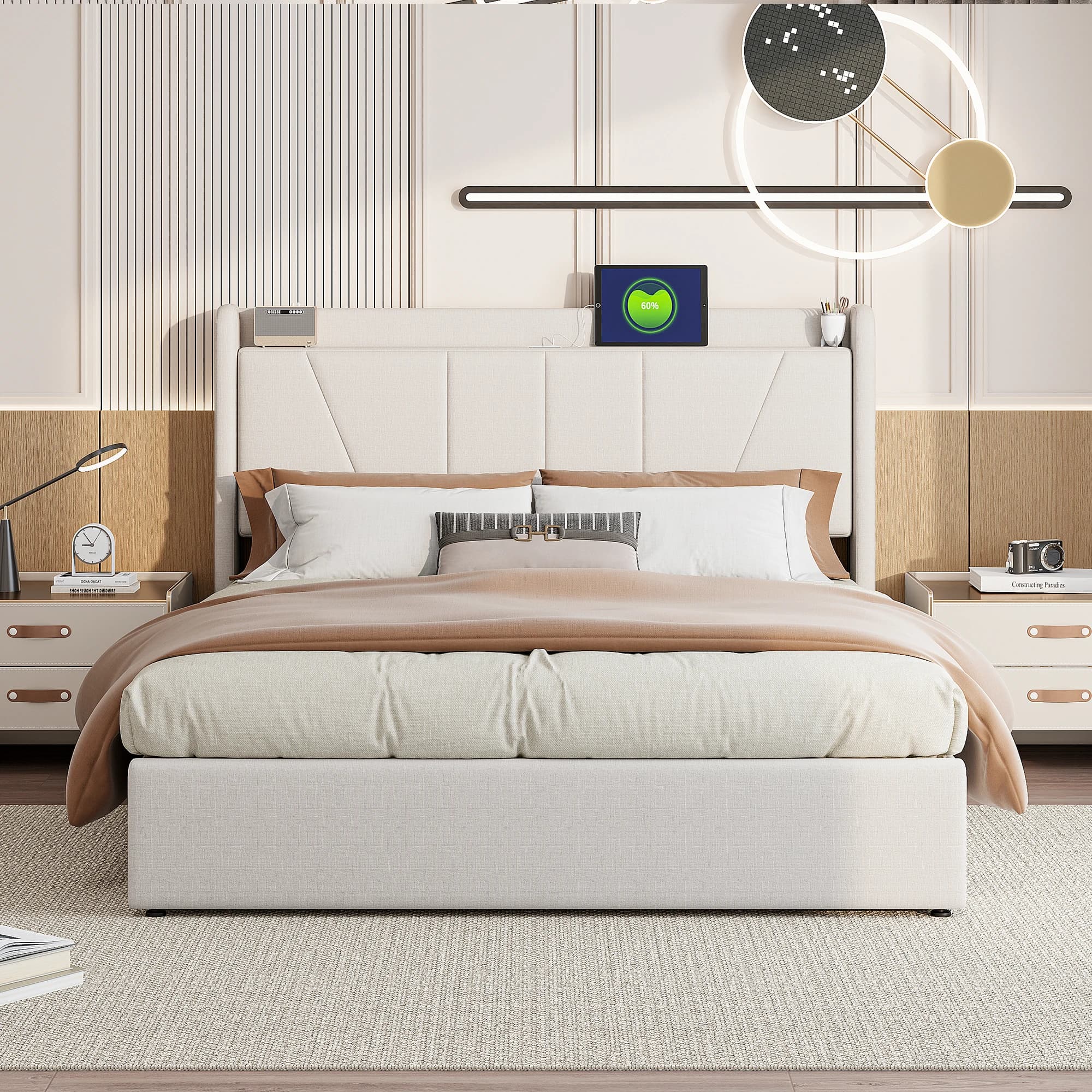 Lit rembourré moderne Fangange avec rangement, lit double hydraulique avec station USB, tissu en lin, 140/160 cm, sans matelas
