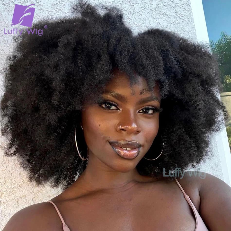 Luffyultraviolet-Perruque afro crépue bouclée avec frange pour femmes noires, cheveux humains brésiliens Remy, perruques courtes Bob Bang, sans