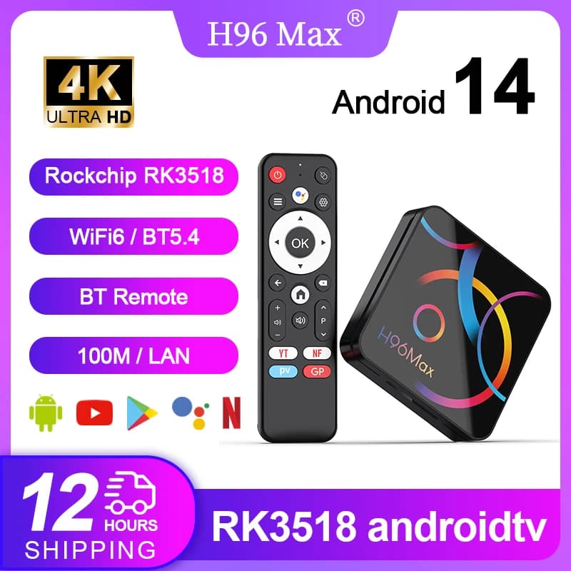 Boîtier TV H96Max RK3518 Android 14 4K Quad Core WiFi6 BT5.4 avec Assistant vocal Google et nouveau design de lentille géométrique