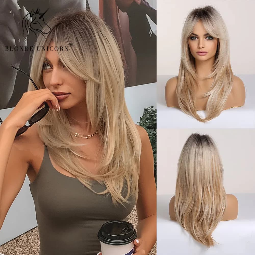 Perruque synthétique licorne Blonde, mi-longue, lisse, brune, Blonde, pour femmes, Cosplay, fête quotidienne, faux cheveux résistants à la chaleur