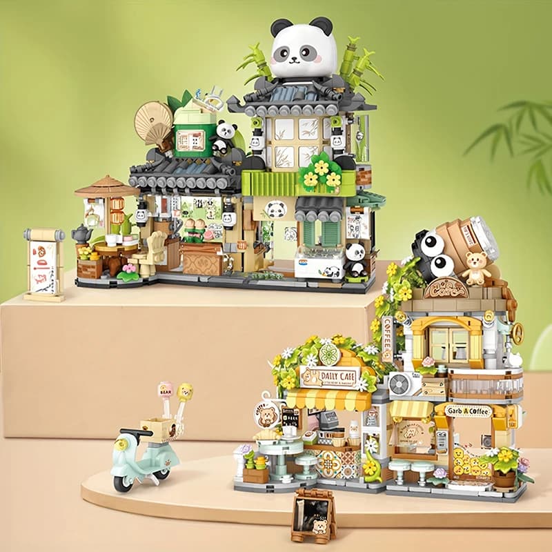 Mini blocs de construction pliants, vue sur la rue, modèle de café Panda, briques pour adultes et enfants, jouets assemblés, cadeaux, ameublement