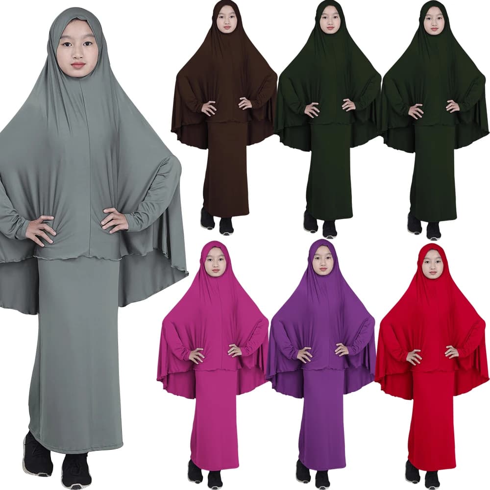 2 pièces ensemble Abaya musulman enfants filles robes longue aérienne Hijab Maxi robe islamique prière vêtement ensemble de vêtements turquie