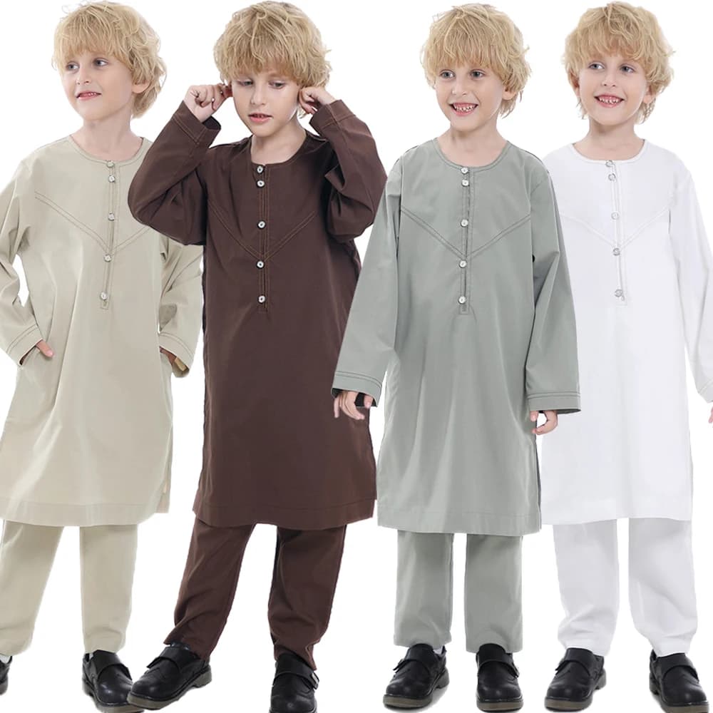 Abaya trempée Jubba Thobe pour enfants, Dubaï, Arabie, Prière musulmane, Bébé, Grand garçon, Qatar, Pakistan, Chemises et FJ2 pièces, Costumes
