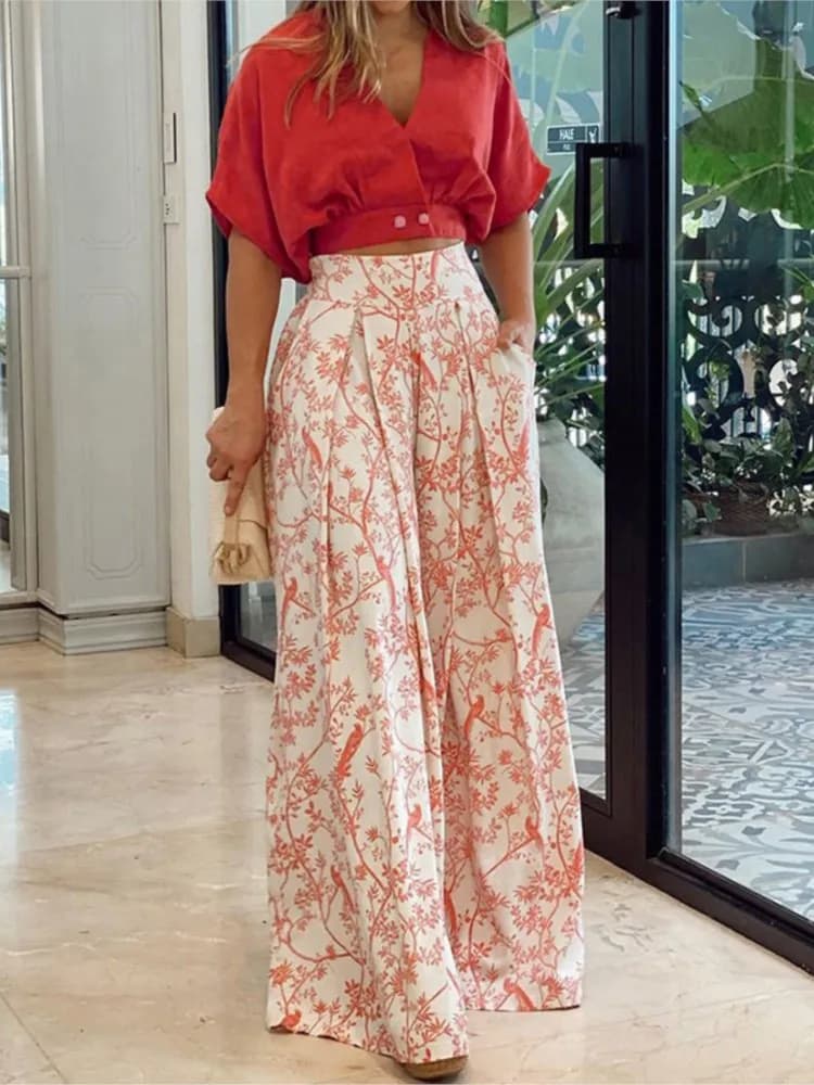 Ensemble haut court et pantalon à jambes larges pour femmes, chemise sexy à col en V, imprimé à la mode, ensemble 2 pièces élégant, vêtements