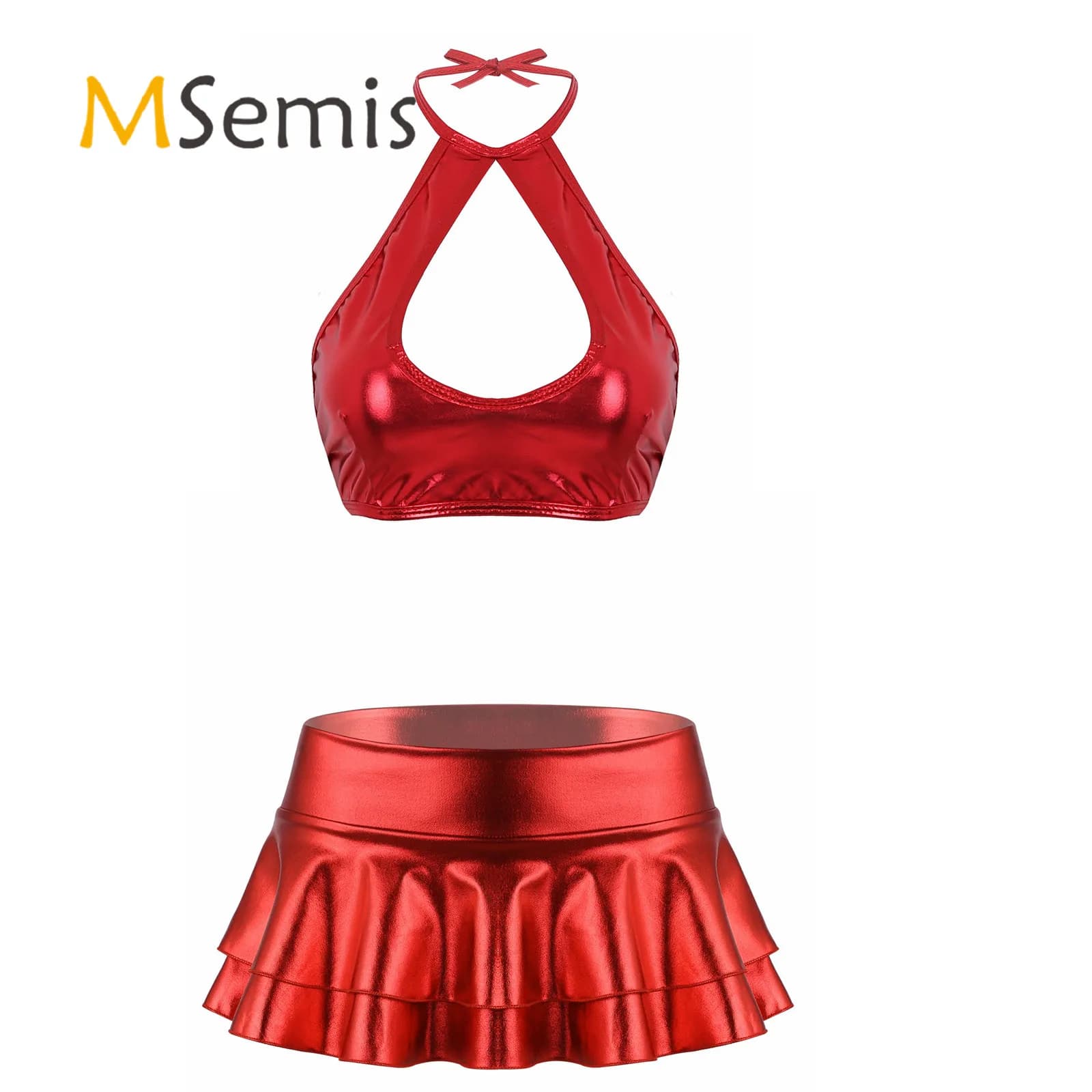 Costume d'uniforme de pom-pom girl en similicuir métallique pour femmes, vêtements de danse de pom-pom girl, court à bretelles, mini jupe à